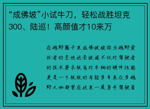 “成佛坡”小试牛刀，轻松战胜坦克300、陆巡！高颜值才10来万