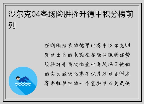 沙尔克04客场险胜擢升德甲积分榜前列