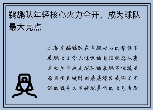 鹈鹕队年轻核心火力全开，成为球队最大亮点