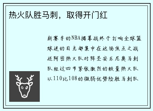 热火队胜马刺，取得开门红