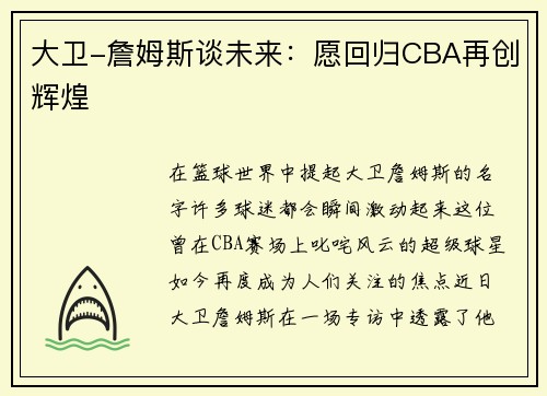 大卫-詹姆斯谈未来：愿回归CBA再创辉煌