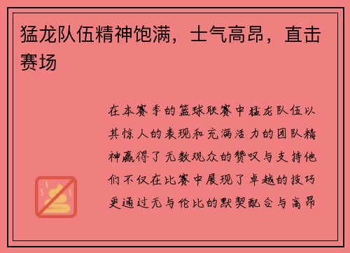 猛龙队伍精神饱满，士气高昂，直击赛场
