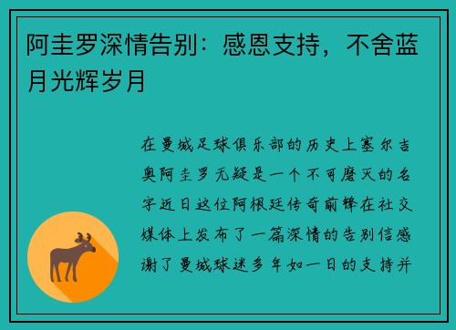 阿圭罗深情告别：感恩支持，不舍蓝月光辉岁月