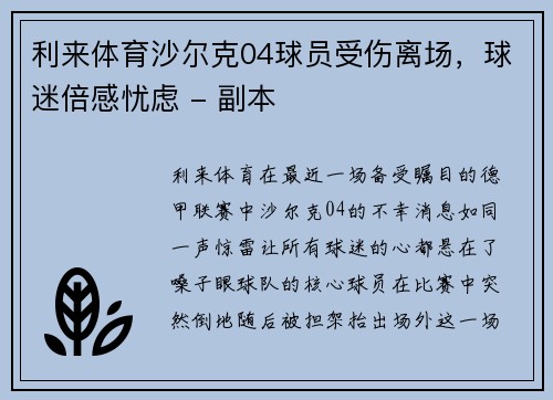 利来体育沙尔克04球员受伤离场，球迷倍感忧虑 - 副本